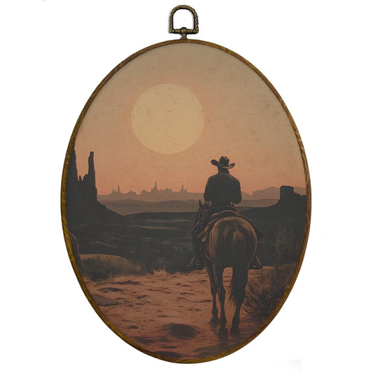 MAQIKA Vintage Western Cowboy Framed Oval Wall Art Decor, Western Oval Wall Hanging Decor, Mid Century Landscape Cowboy Riding Horse Canvas Prints Wall Art for Home Bedroom Living Room, 8.7x11.3 Inch