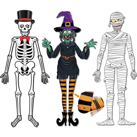 Nezyo 3 Pcs 50 Inch Large Halloween Jointed Skeletons Scary Vintage Witch Decor Articulated Cutouts Mummy Ornament with Movable Joints for Wall Window Door Hanging Props