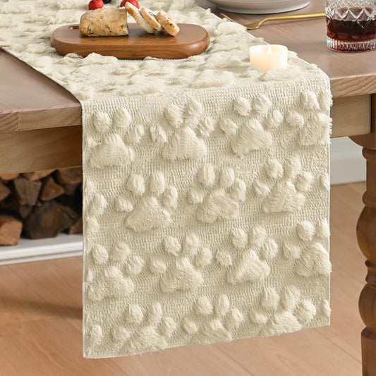 Artoid Mode Beige Soft Plush Faux Fur Jacquard Paws Pet Table Runner, Kitchen Dining Table Decoration for Home Party Decor 13x72 Inch