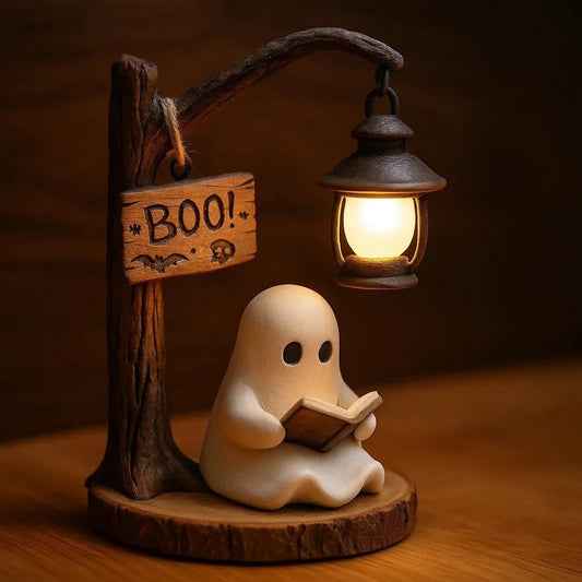 BHOOKA Halloween Ghost Figurine Statue Cute Ghost Reading Book Lamp Designs 3D Unique Night Light Gifts Tabletop Ornament Decoration Cartoon Resin Sculpture for Holiday Decor Supplies