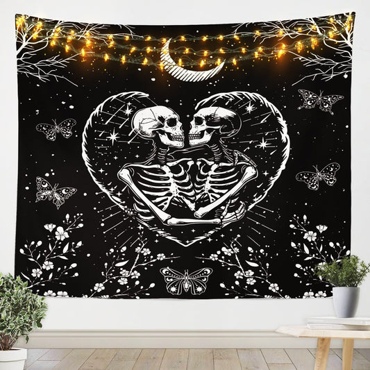 Homewish Couple Skeleton Tapestry,Black White Moon Starry Sky Wall Hanging Art,Butterfly Flower Wall Blankets for Kids Girls Teens Room Decor,Gothic Exotic Lover Porch Hangings,59.1x59.1