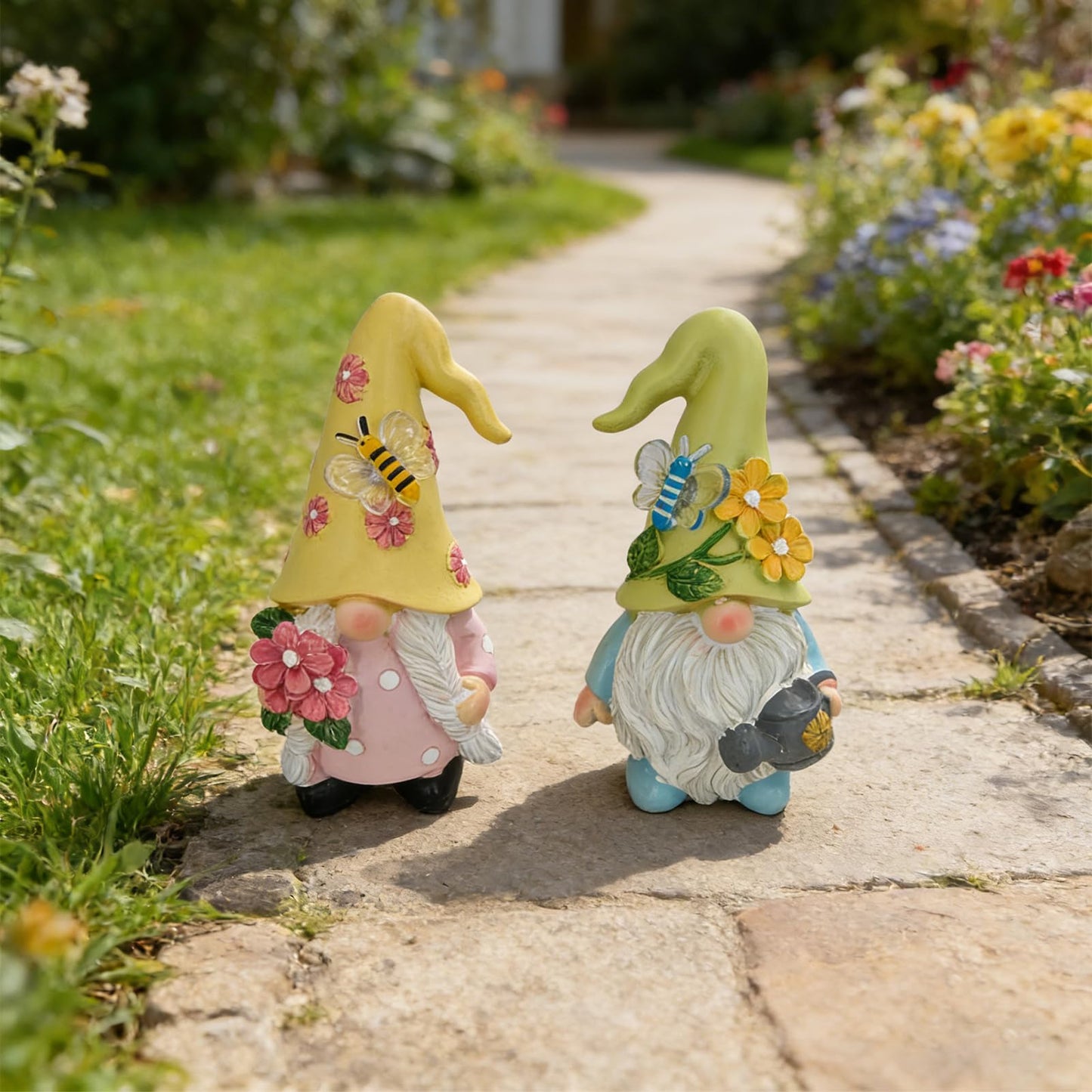 Sampu Craft Summer Decorations for Home Set of 2 Gnome Figurines, Floral Decor with Bee & Butterfly,Yellow Green Hat Resin Statues,4.53 Inch Tall,Deal Gift (Yellow and Green)