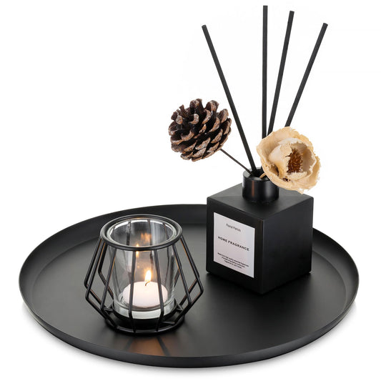 Romadedi Black Round Decorative Tray: Metal Candle Trays Decor for Coffee Table Centerpiece Large Modern Serving Tray for Kitchen Counter Farmhouse Home Decorations, 12.6 Inch