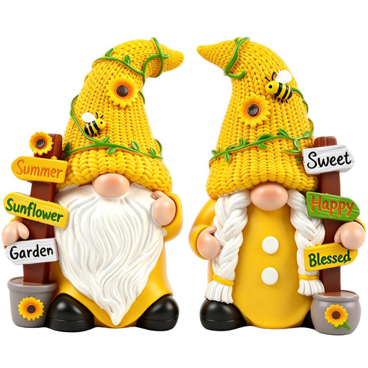 upbema Sunflower Gnome Garden Decorations 2 PCS Resin Summer Figurines Cute Indoor Collectible Statue Outdoor Ornament for Table