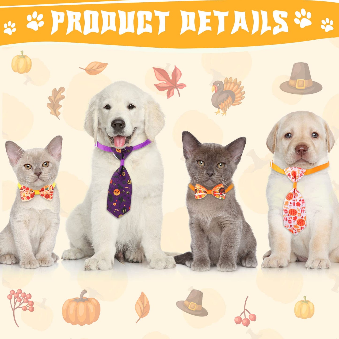 Reginary 100 Pieces Thanksgiving Dog Bow Tie Collar Set with 50 Bow Tie and 50 Necktie Thanksgiving Fall Halloween Themed Pet Decoration for Small Medium Pet Cat Supply