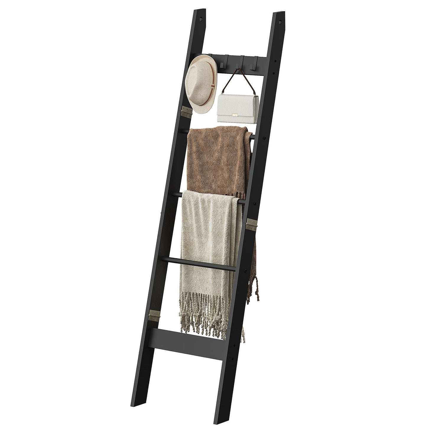 Hzuaneri Blanket Ladder for Living Room, Decorative Quilt Rack with 4 Removable Hooks, 5-Tier Farmhouse Ladder Holder Shelf Organizer for Bedroom, Black BR02104B