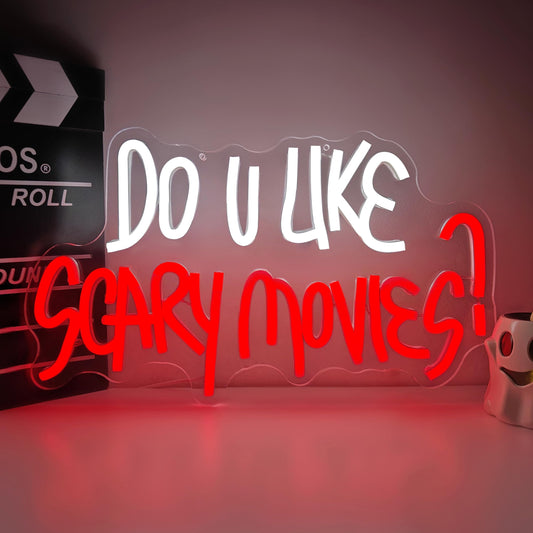 Do You Like Scary Movies Neon Sign for Wall Decor Halloween Decor Horror Movie Led Sign Dimmable Spooky Gothic Neon Light Up Sign for Horror Room Party Man Cave Party Gifts Halloween Decoration