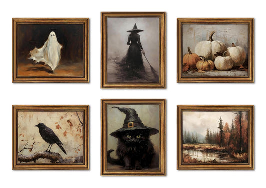ZYANGZY Vintage Halloween Poster Set of 6, Dark Academia Ghost Wall Art Painting Crow Pumpkin Wall Decor Gothic Wizard Canvas Picture Prints for Farmhouse Mantel Living Room 12x16 inch Unframed