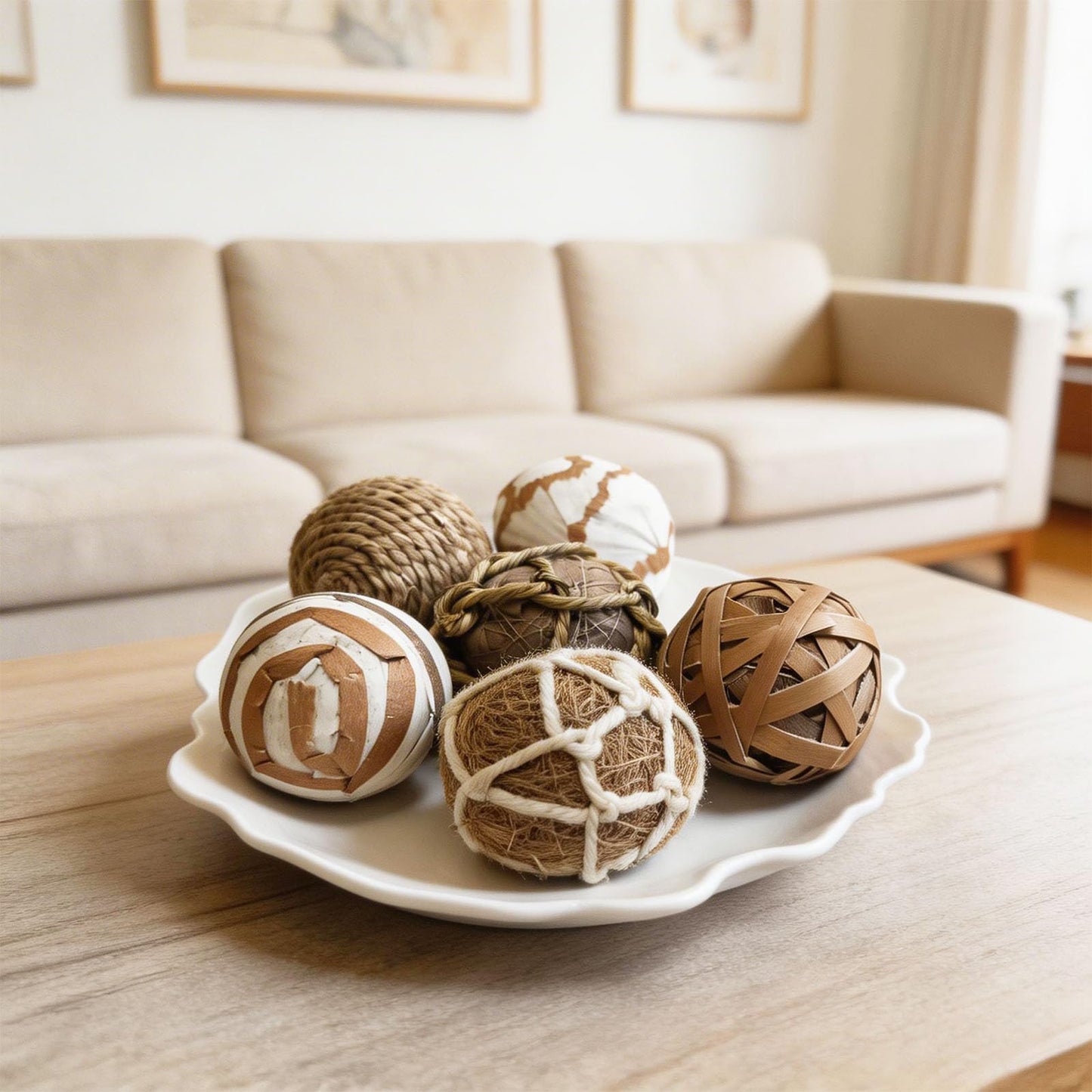 Harbuba 6pcs Decorative Balls for Bowl Centerpiece, 2.4 Inch Orbs Spheres Decor Balls Rattan Wicker Balls for Bowl Fillers, DIY Home Vase Table Decor