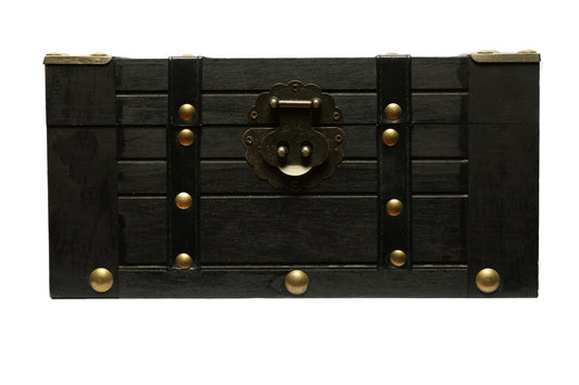 Wooden Treasure Chest with Leather Straps and Latch - Vintage Handmade Pirate Chest Box for Jewelry, Tarot Cards, Keepsakes & Home Decorations - Secure Lock Box Organizer, Black, 11" x 7" x 5.8"
