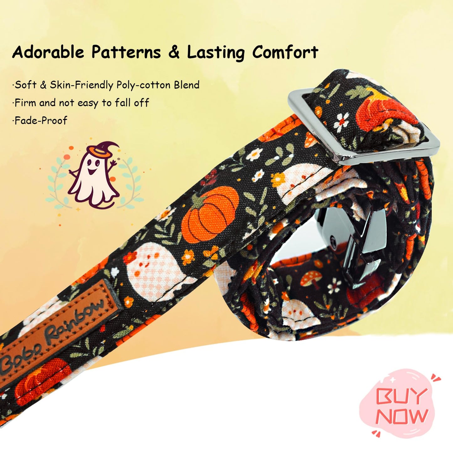 Bobo Rainbow Halloween Dog Collar, Ghost Print Adjustable Pet Collar Fall Pumpkin Cute Cotton Soft Collars with Bow Tie Fall Metal Buckle Holiday Puppy Collars Boy&Girl Gift for X-Small Dogs