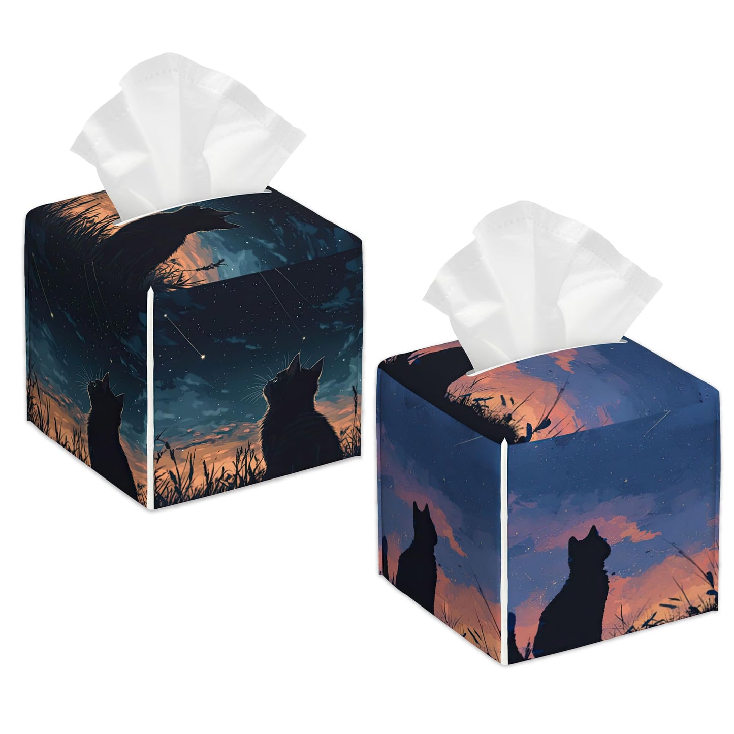 Starry Night Sky Cat Tissue Box Holder, Leather Tissue Box Cover Square, Paper Facial Decorative Tissues Cover for Bathroom Home Car Nightstand Vanity Desk, 2 Pcs