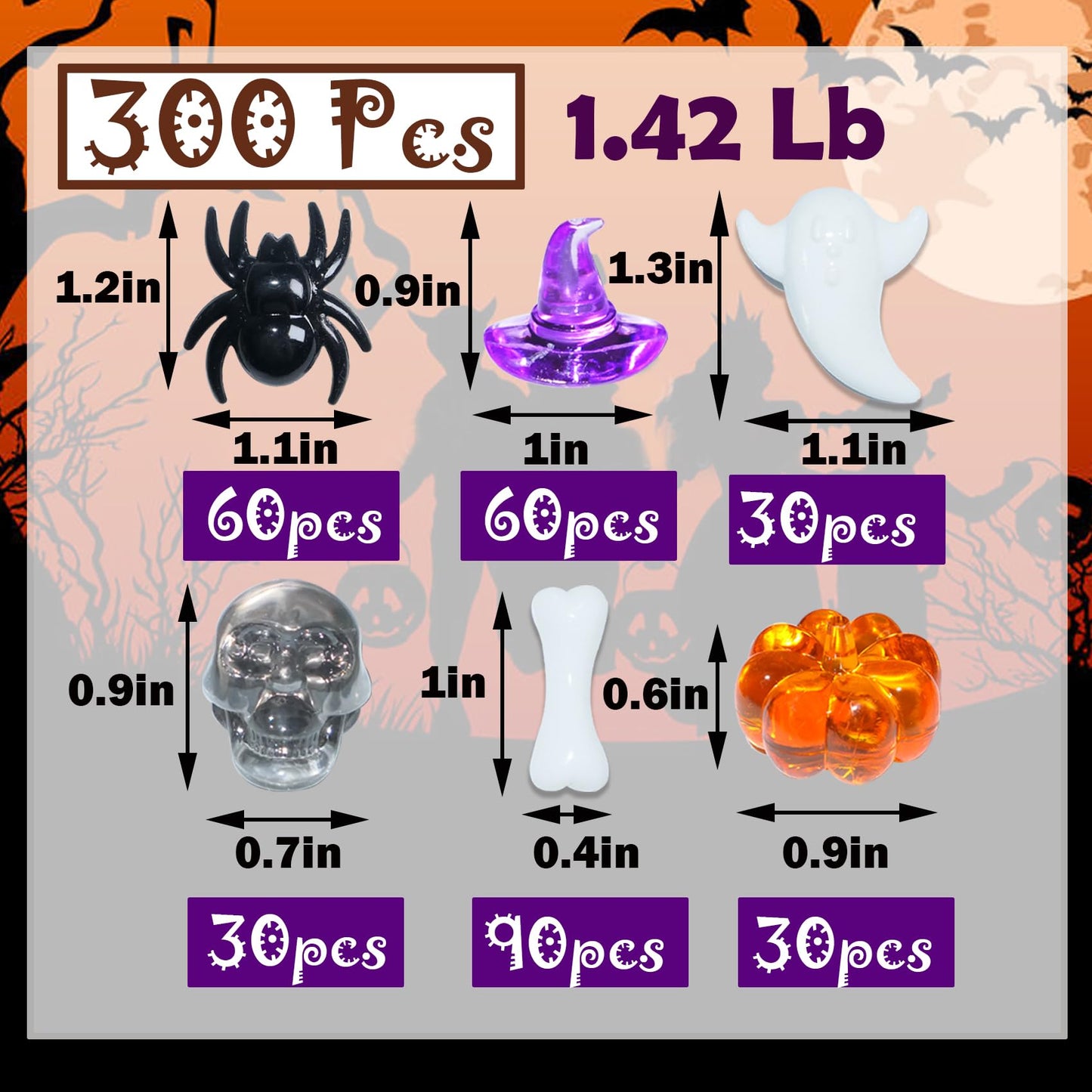 HADDIY Halloween Sensory Bin Filler,300 Pcs Mini Acrylic Pumpkin Ghost Skull Gems Vase Fillers for Halloween Centerpieces Table Decorations,Table Scatters Counting and Craft