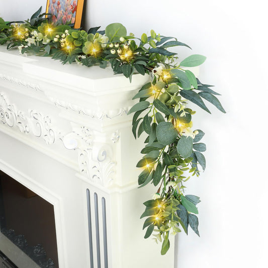 Artgar Eucalyptus Garland with Lights - 6 Ft Greenery Garland - Artificial Silver Dollar Olive Garlands, Spring/Summer Green Garlands for Indoor Outdoor Home Decor Wedding Arches Backdrops Table Decor