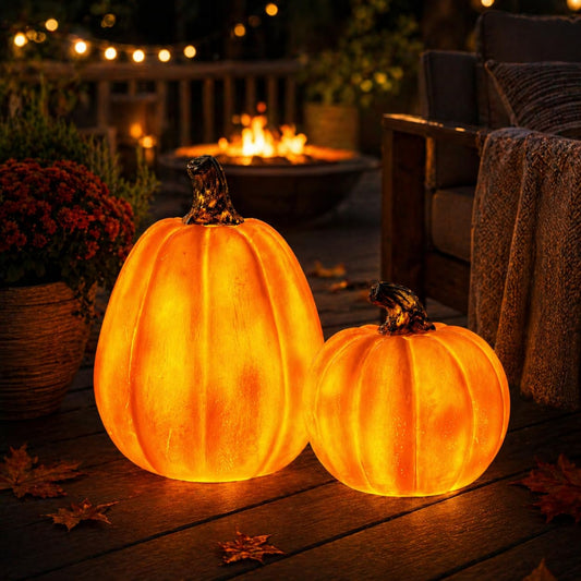 Solar Lighted Pumpkin Decor Outdoor Fall Porch Decorations for Halloween Thanksgiving Outdoor Pumpkin Lights LED Glowing Resin Pumpkins Set of 2 for Porch Patio Yard Garden Tabletop