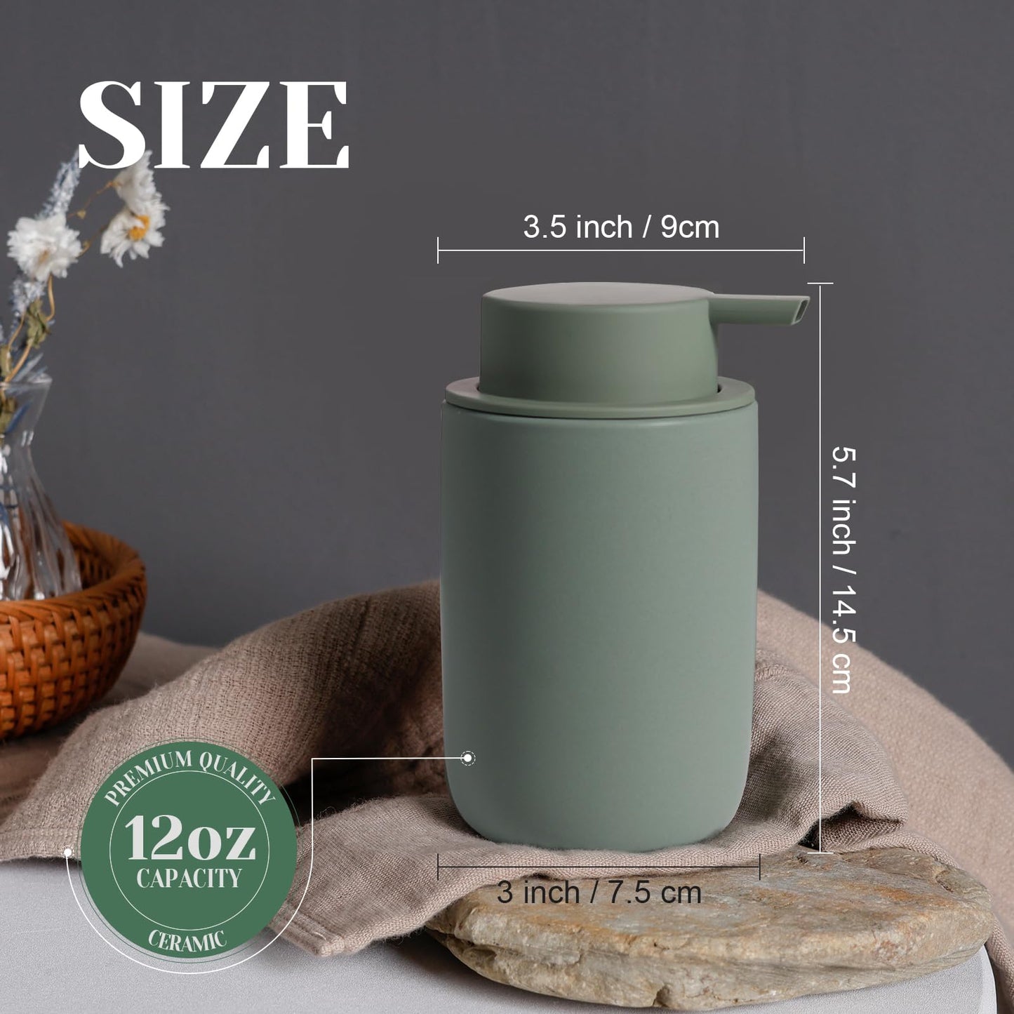 INGOFIN Ceramic Lotion Soap Dispenser Set, 2 Pack (12 oz) Bathroom Hand Soap Dispenser with Pump, Liquid Hand and Dish Soap Dispenser Set, 8 Pcs Clear Stickers, for Kitchen Bathroom-Matte Green
