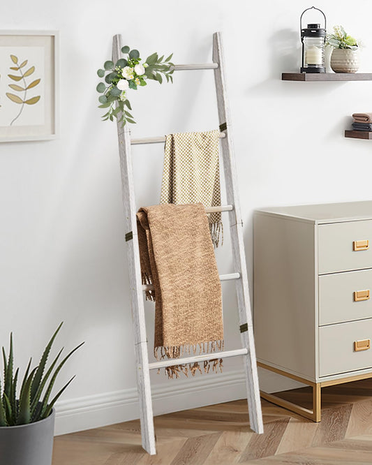 XLHOMO 5-Tier Wooden Blanket Ladder, 63" Rustic Leaning Blanket Rack for Living Room, Decorative Quilt and Towel Holder for Bedroom Bathroom Farmhouse Home Decor, White