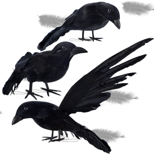 ATDAWN Halloween Birds, Black Feathered Crows, Realistic Looking Halloween Decoration Birds (3 Pack)