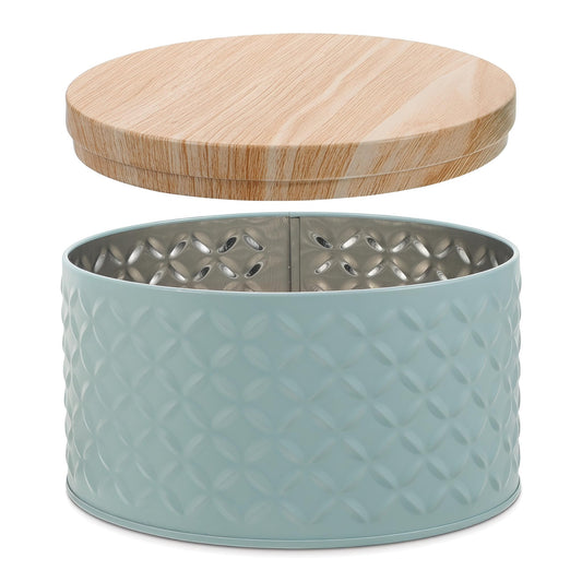 Lurrose Small Round Cookie Tins with Wood Lids Airtight, 6"D x 8"H Metal Cookie Jar, Small Empty Biscuit Tin Tinplate, Foods Storage Container Tin for Candy Cookies, Tea Canister(Blue)