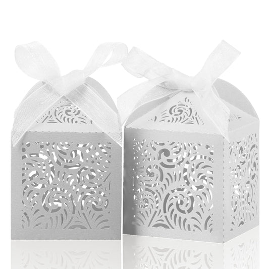 COTOPHER 100Pcs Laser Cut Favor Boxes, 2x2x2.75in Small Gift Boxes for Presents, Party Wedding Favors Boxes with Ribbon, Mini Candy Boxes for Event Bridal Shower Anniversary Birthday Christmas, White
