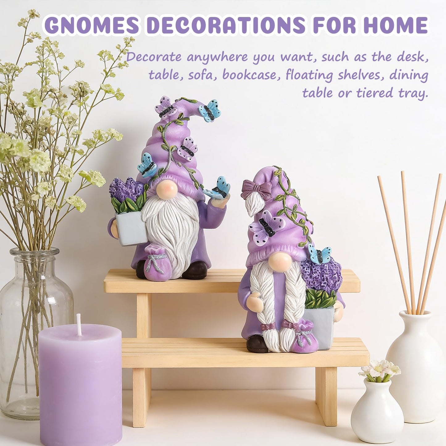 Ironlux 2Pcs Spring Lavender Gnomes Decor, Resin Purple Gnome Figurines with Butterfly, Indoor Outdoor Garden Gnomes Decorations for Home Yard, Cute Spring Gnomes Gifts for Women