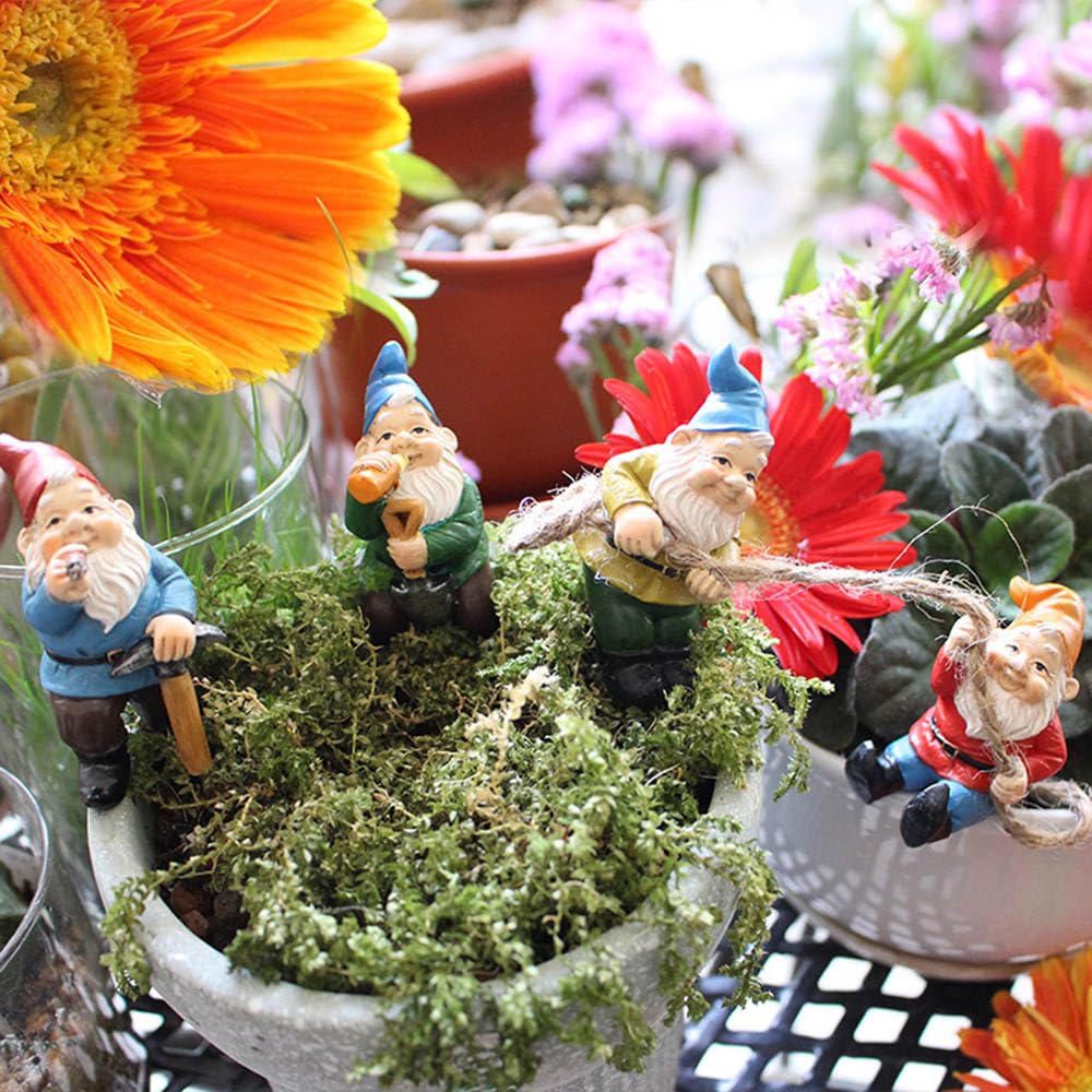 OJTNELDT Garden Gnome Figurines Set of 4, Resin Fairy Garden Gnomes with Rope, Funny Outdoor Plant Pot Decorations for Succulents, Terrariums, Miniature Garden, Patio & Indoor Planters