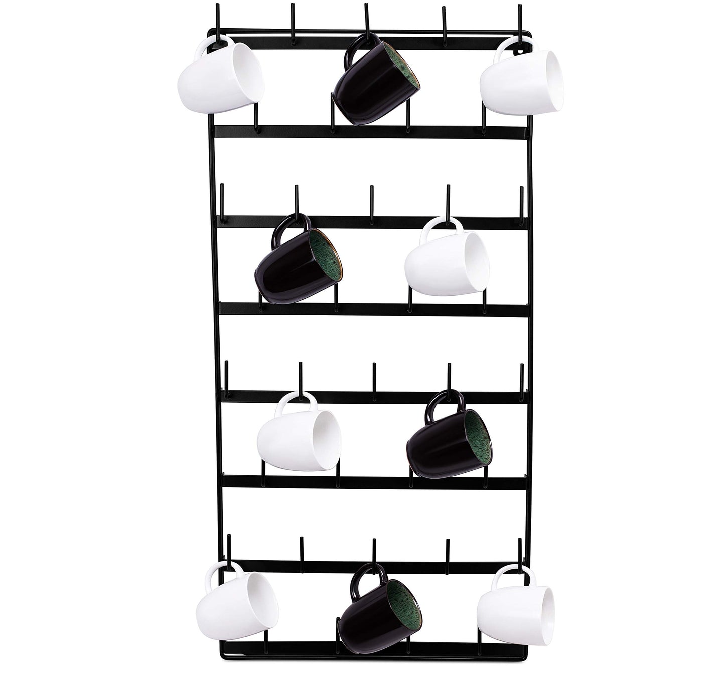 BIRDROCK HOME 36 Peg Coffee Mug Organizer Wall - 8 Tier Wall Mounted Coffee Mug Holder - Tea Cup Display Shelf Wall Mounted - Heavy Duty Decorative Kitchen Bar Organizer Flat Metal Steel Rack - Black