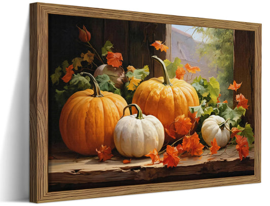 Framed Vintage Halloween Pumpkin Wall Art – Harvest Autumn Pumpkins Pictures Fall Decor for Living Room, Rustic Country Nature Art Prints for Kitchen Bedroom Home – 8x10 inch Wood Frame