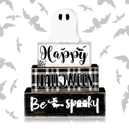 Britimes 4 Pcs Halloween Decorations for Home Ghost Table Decor Halloween Tiered Tray Decorations Set Gift Spooky Stack Block Signs Rustic Farmhouse Tabletop Decor for Table & Home Office