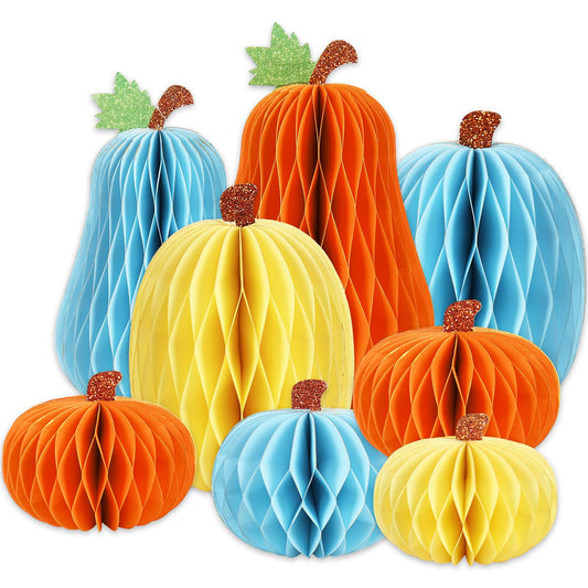 JarThenaAMCS 8Pcs Fall Pumpkin Honeycomb Centerpieces Beige Orange Blue Glitter Paper Honeycomb Ball Ornaments for Autumn Harvest Thanksgiving Party Home Table Decor