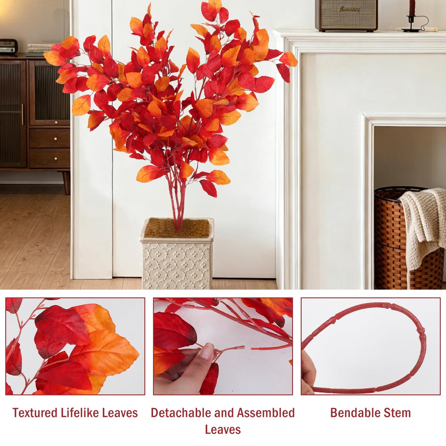 RECUTMS Artificial Fall Beech Leaf Stems 4Pcs 39Inch Fake Fall Foliage Branches Faux Autumn Leaves Long Greenery Stems for Tall Vase Thanksgiving Halloween Festival Harvest Home Decor(Sunset Red)