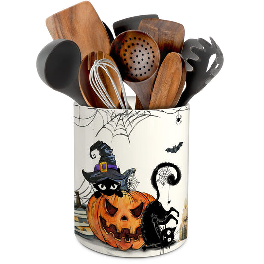 pinata Halloween Kitchen Decor Ceramic Utensil Holder, Cute Halloween Cat Pumpkin Utensils Holder, Ceramic Utensils Crock for Rustic Farmhouse Indoor Kitchen Decorations(6.3 Inches)