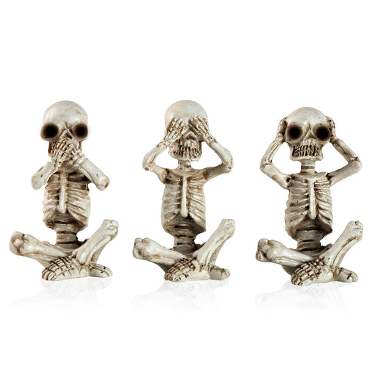 IBWell Set of 3 Mini Skeletons Statue “Hear See Speak No Evil” Sitting Skulls Figurines for Halloween Gothic Small Resin Skeletal Creepy Spooky Sculpture Home Decoration