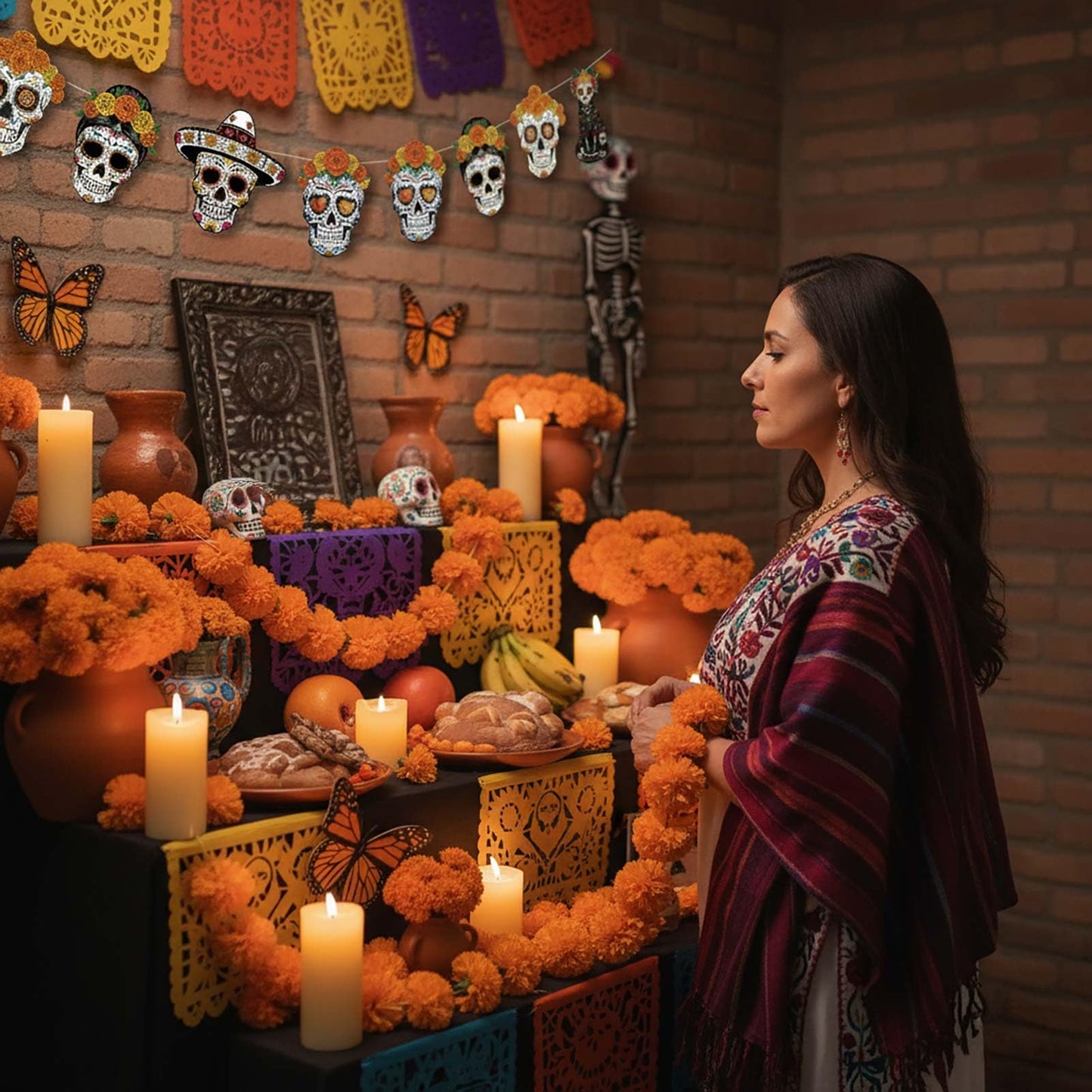 Day of The Dead Calavera & Papel Picado Banners Dia De Los Muertos Day of The Dead Party Decor with Monarch Butterfly Artificial Marigold Day of The Dead Flag Butterfly Decoration