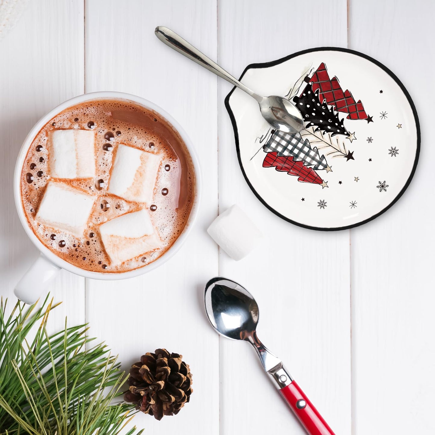 JarThenaAMCS 4.7inch Christmas Ceramic Spoon Rest Plaid Xmas Tree Star Snowflake Small Coffee Spoon Holder for Winter Xmas Coffee Stirrers Teaspoon Bar Coffee Station Accessories