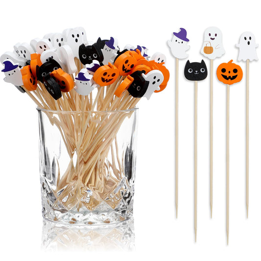 Chengu 200 Pcs Halloween Cocktail Picks for Appetizers, 4.7 Inch Bamboo Toothpicks Pumpkin Cat Ghost Halloween Party Decorations for Food, Cocktail, Desserts, Fruit, Cake, Salad
