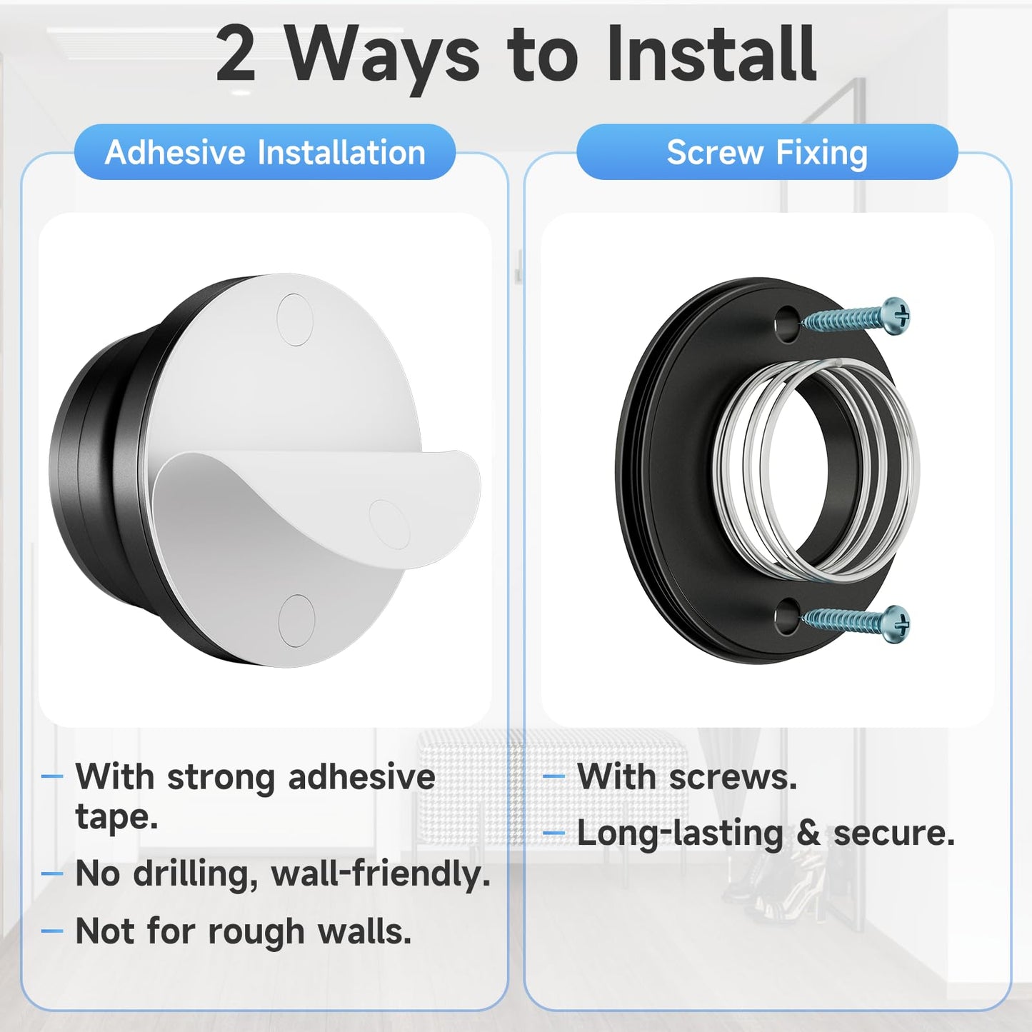 Door Stoppers for Wall, 1.65 x 0.9 Inch Door Knob Wall Protector with Silicone & Aluminum Alloy, Adhesive & Screw Mounting Door Bumper for Home & Office Walls, Black