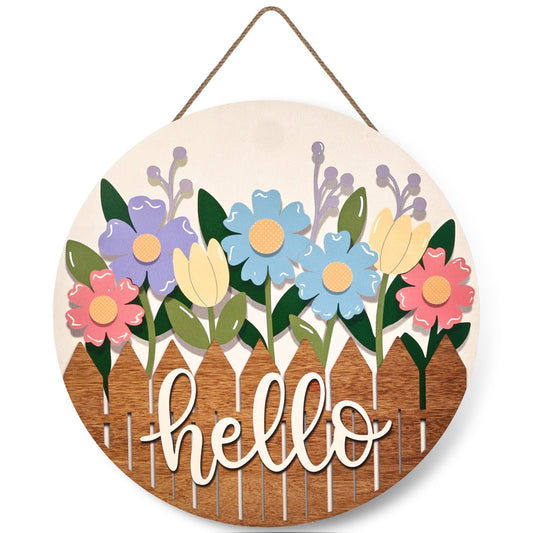 Frugtfrit Spring Door Sign, Hello Spring Wooden Door Hanger with Wildflowers and Fence Design, Round Farmhouse Spring Door Decor for Front Door, Porch, Entryway & Home