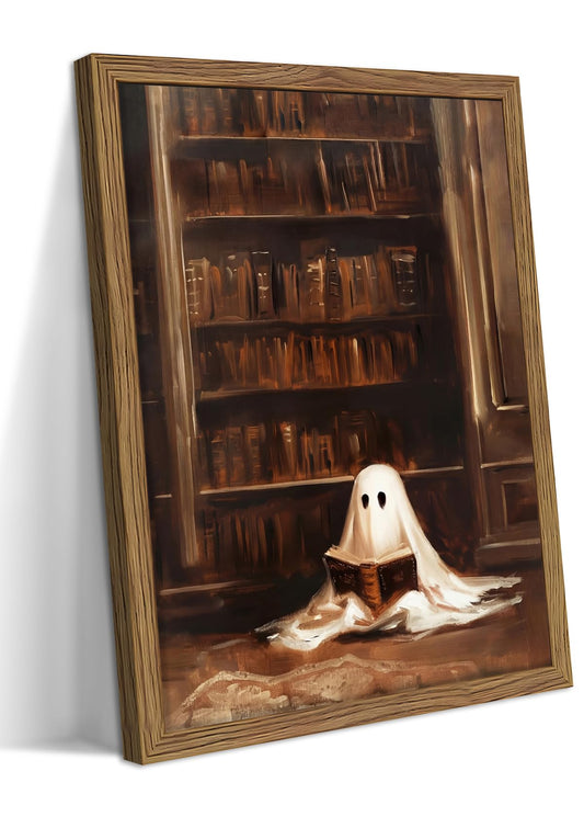 Framed Vintage Library Ghost Wall Art - Ghost Reading Canvas Print Halloween Decor, Gothic Victorian Dark Academia Halloween Wall Decor for Bedroom Office 8x10 inch Wood Frame