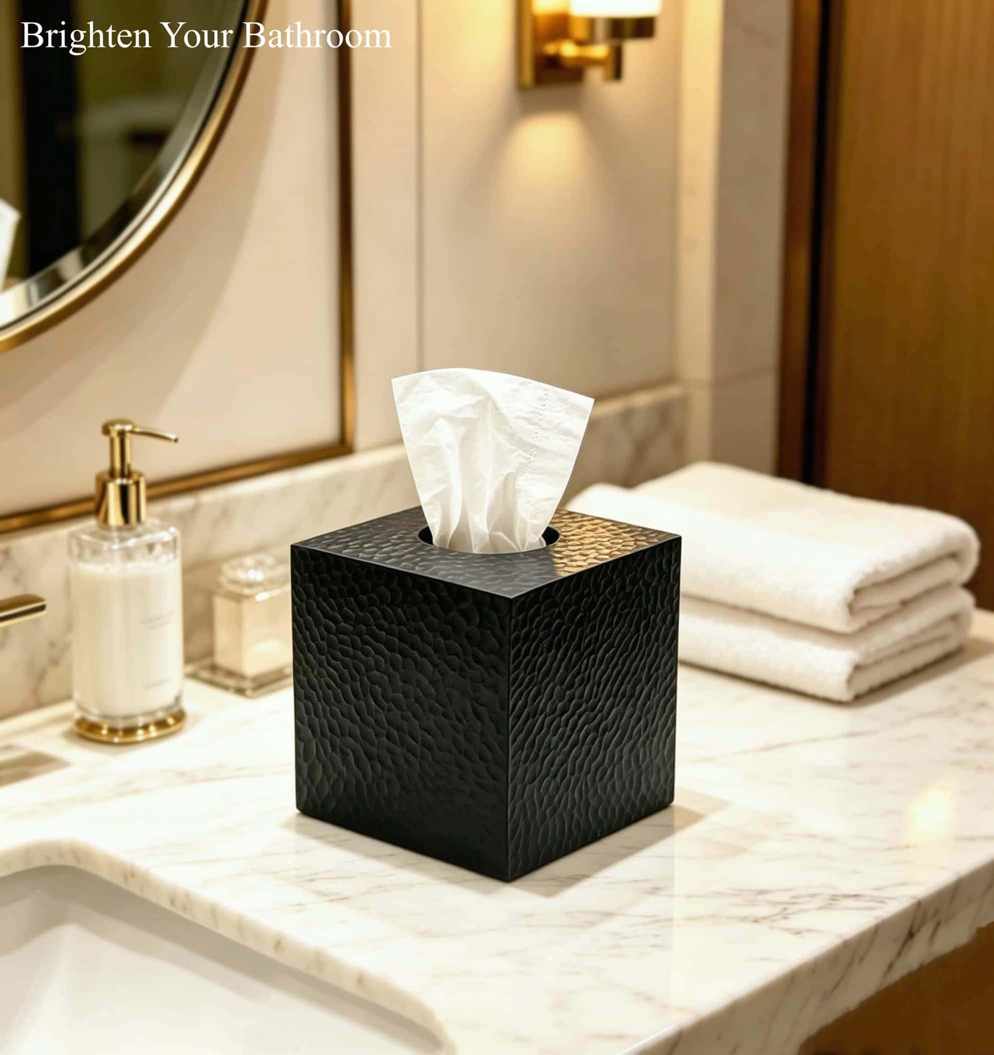 JWT Astyle Hammered Square Black Facial Tissue Box Cover Holder.Handcrafted Resin Kleenex Box Covers Cube with Open Bottom for Bathroom Livingroom Kitchen Office Home Decor Gifts