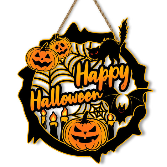 Britimes Happy Halloween Pumpkin Door Sign for Front Door Decor, Farmhouse Halloween Wall Decoration, Spooky Bat Black Cat Wooden Hanging Plaque for Home Porch Yard Outdoor Decor