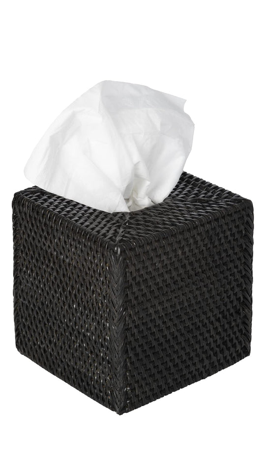 KOUBOO Loma Square Rattan Tissue Box Cover - Coastal Boho Tissue Holder for Bathroom, Guest Room, Living Room - Decorative Square Tissue Box Cover (Solid Black)
