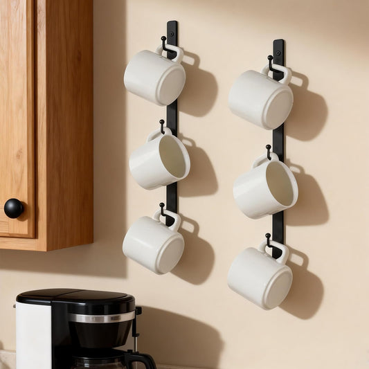 Yohsnor Coffee Mug Rack Set of 2 - Stylish Black Iron Coffee Cup Holder with 6 Hooks, Mounted Shelf for Kitchen & Office, Space-Saving, Easy to Install, Durable & Sturdy Hanger Racks