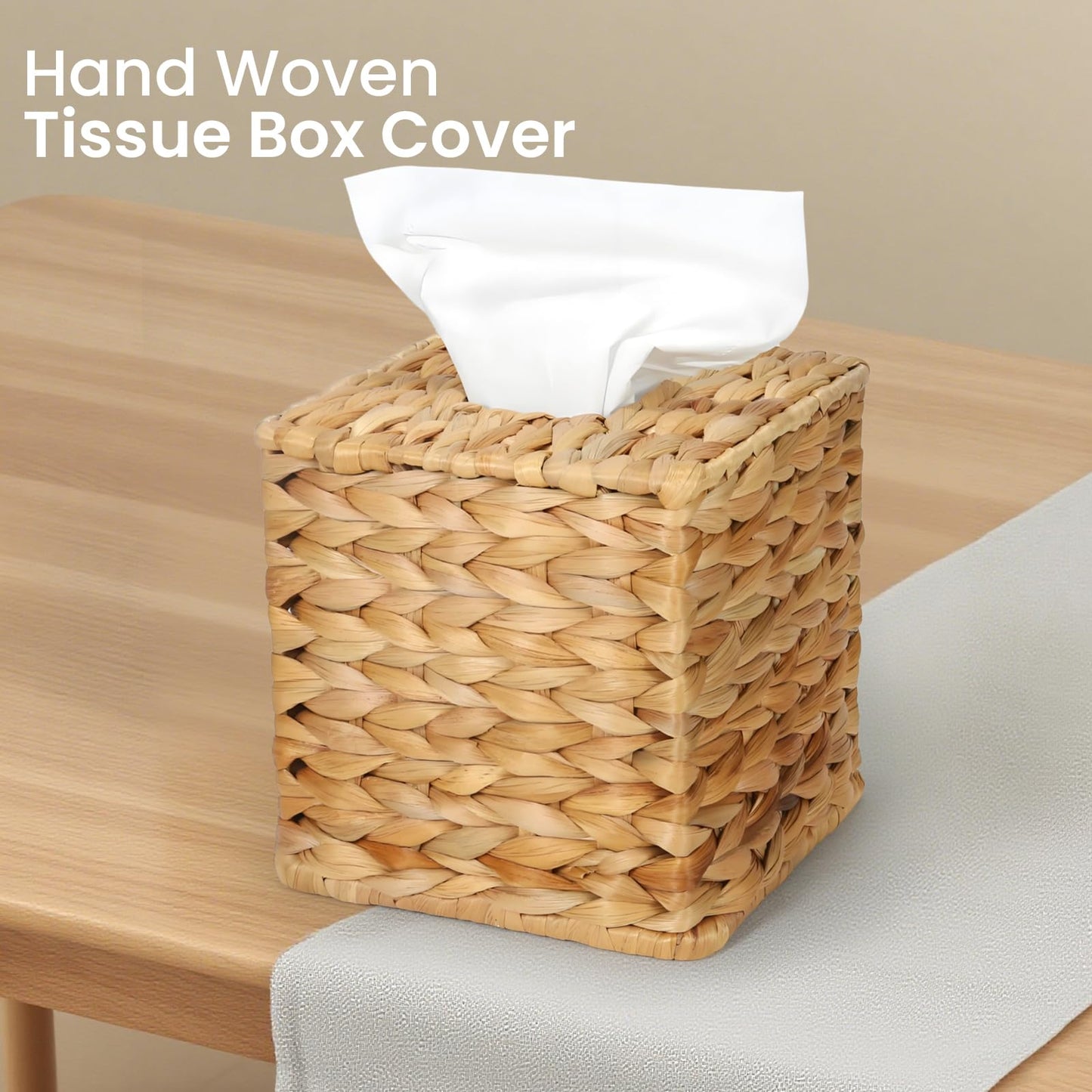 MHCLUE Water Hyacinth Square Tissue Box Cover - Handwoven Natural Fiber Decorative Tissue Holder for Living Room, Bedroom, Bathroom, Fits Standard Square Tissue Boxes, Farmhouse Home Organizer