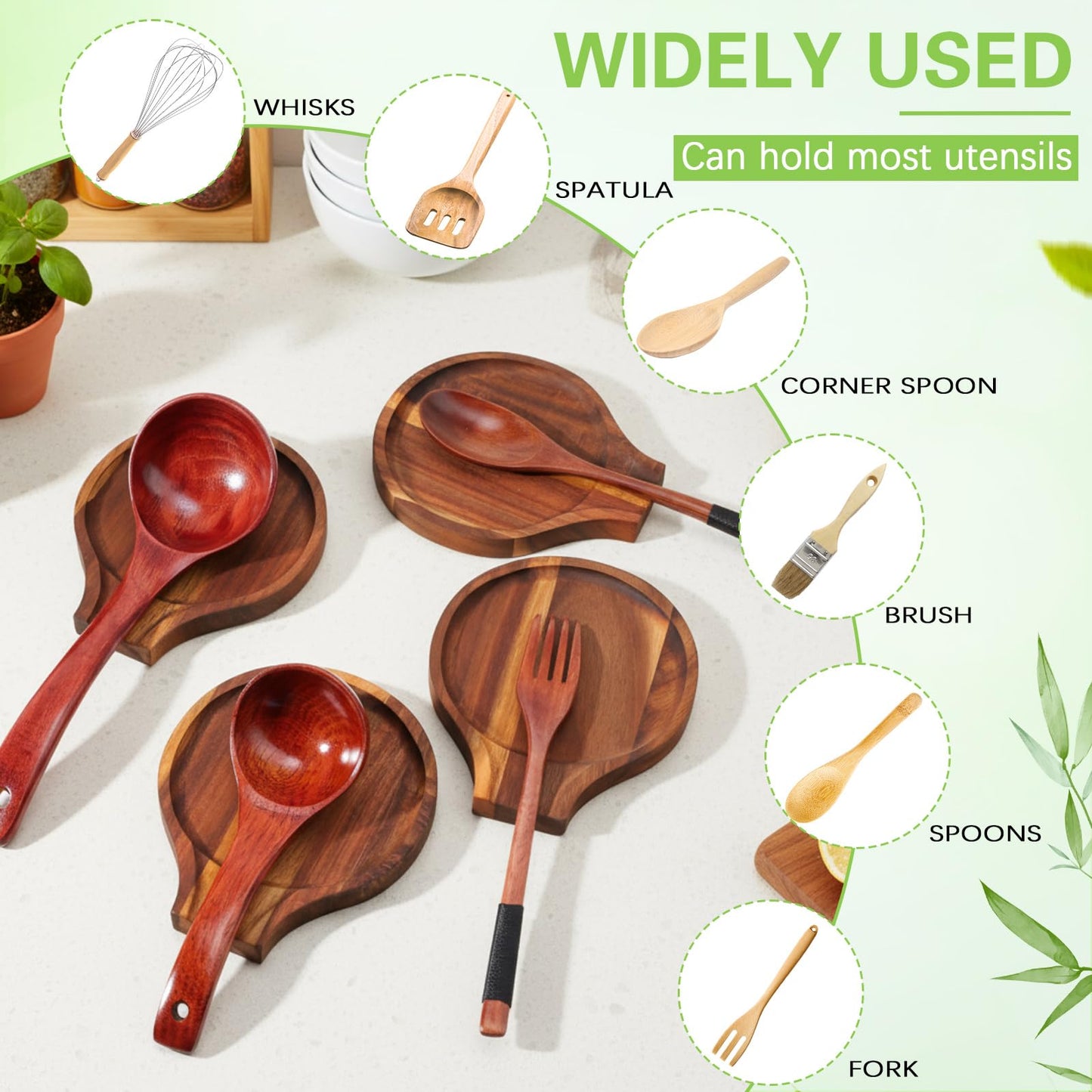 Honeydak 4 Pcs Acacia Wood Spoon Rest for Stovetop Handmade Smooth Wooden Kitchen Spoon Holder for Ladles Tong Cooking Accessories Housewarming Gifts(Retro Style)