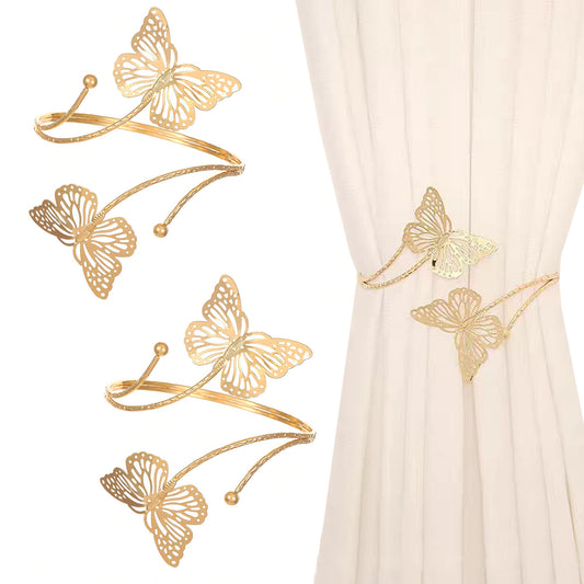 2 Pcs Gold Curtain Tiebacks, Decorative Butterfly Drapery Holdbacks, Modern Window Curtain Clips for Farmhouse & Cottagecore Bedroom, Living Room, and Hotel Decorations