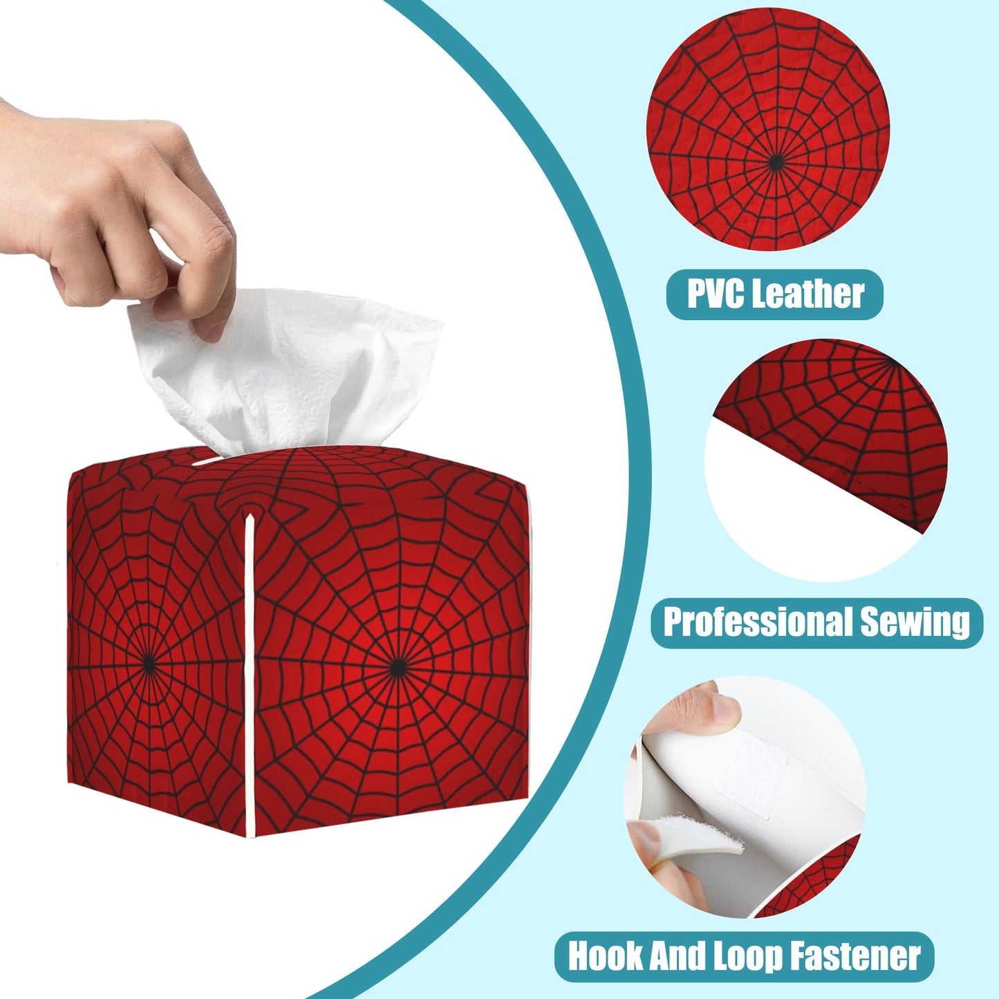 Spider Web Tissue Box Holder,Square Leather Tissue Box Cover with Bottom Belt,Waterproof Modern Napkin Holder Organizer for Car Bathroom Nightstand Vanity Office Tabletop,5.2" x 5.2" x 5.2"