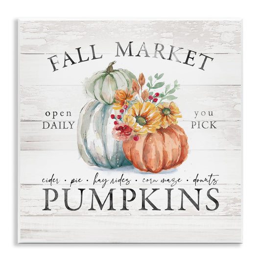 Stupell Industries Fall Market Pumpkins Rustic Country Sign Autumn Florals, Design by Courtney Morgenstern, Wall Plaque, 12 x 12