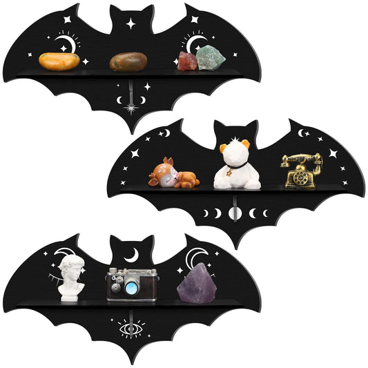Geetery 3 Pcs Bat Floating Wall Shelf Black Gothic Wall Shelves Decor 15.74 Inch with Hooks for Halloween Party Living Room Bedroom Kitchen Bathroom