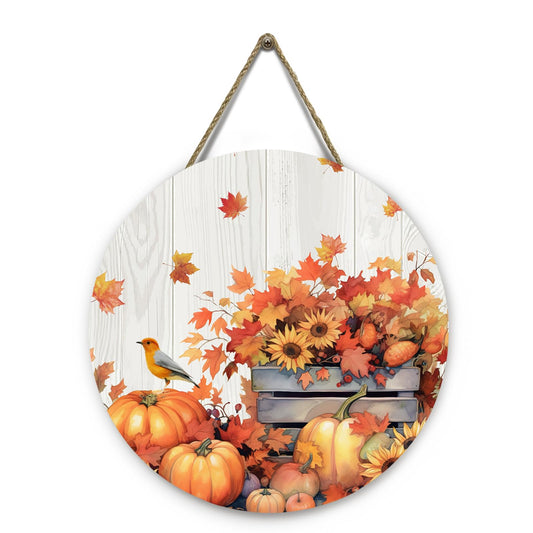Dacawin Fall Door Sign Wooden Autumn Pumpkins Door Hanger Maple Leaf Sunflowers Bird Sign for Outdoor Porch Wall Fall Harvest Hanging Decorations